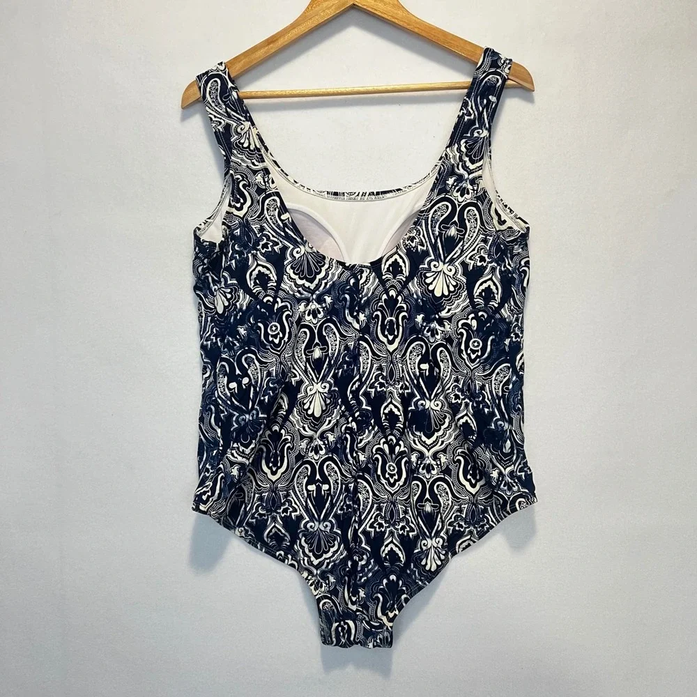 Catalina One Piece Swimsuit Padded Cups Blue Off White Geometric Pattern 18W/20W - Picture 2 of 7